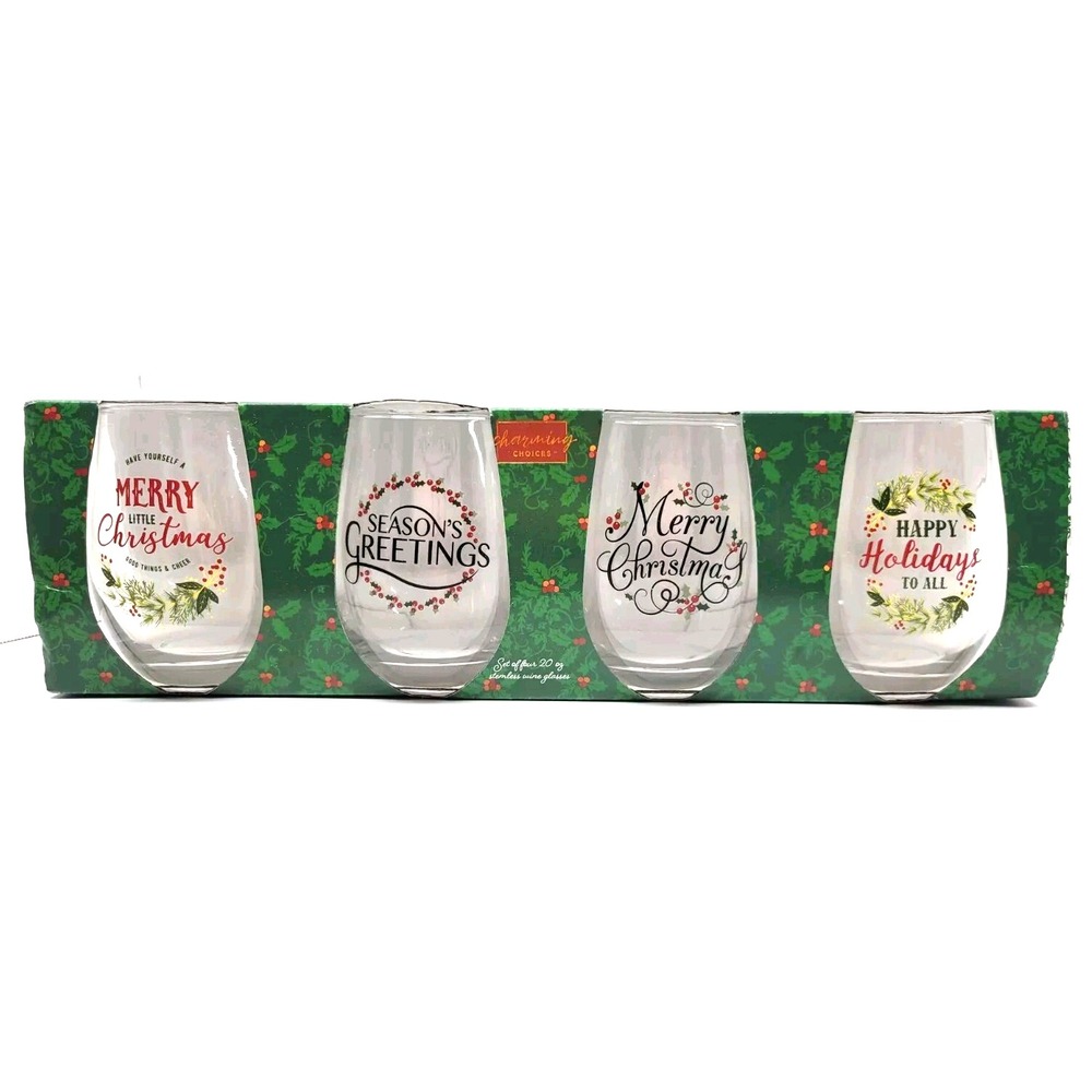 Holiday Stemless Wine Glasses‎ Set Of Four New in Box